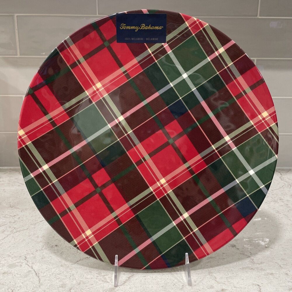 Tommy Bahama 14” Serve Tray Platter Tartan Plaid Christmas Melamine Round Plate